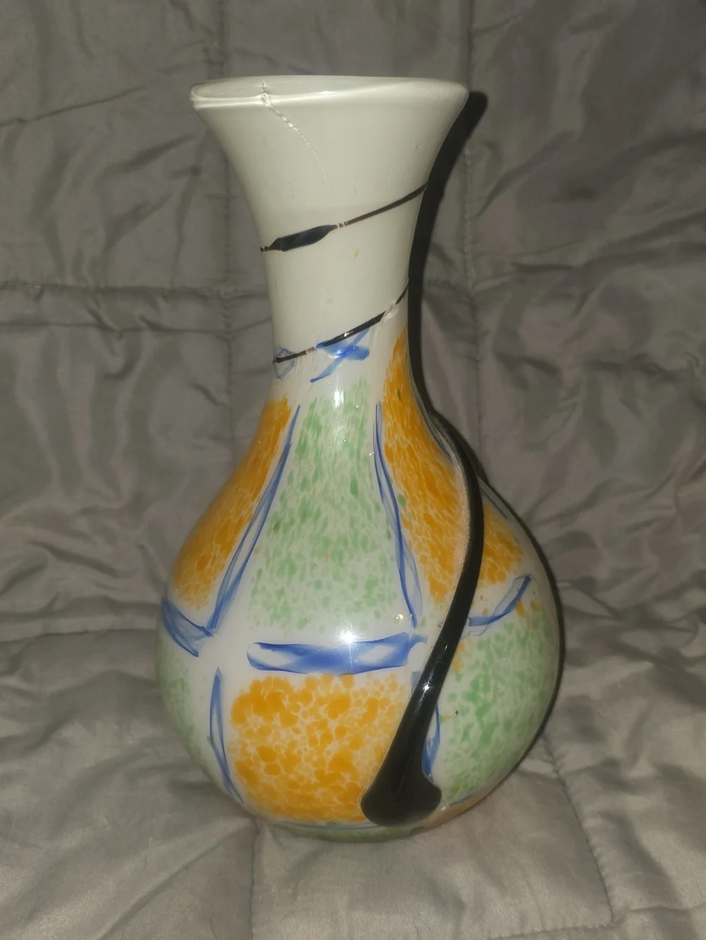 Hand-Painted Vintage Italian Glass Vase with Orange and Green Accents